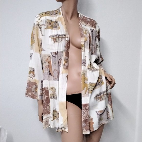 Vintage Alessandra Light Open Cardigan Cover Up Rome Theme Size L Relaxed - Picture 5 of 16